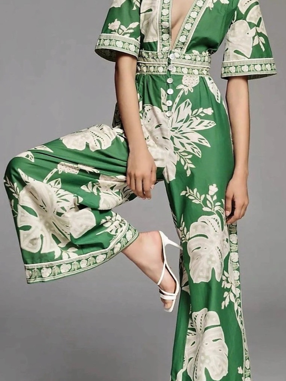 Farm Rio Lace Monsteras Green Jumpsuit Floral Wide Leg Medium